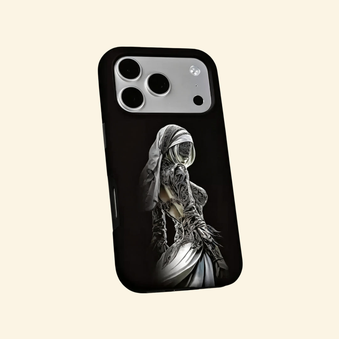 The Dark Priestess case – hand-held lifestyle shot showing full veiled gothic priestess artwork