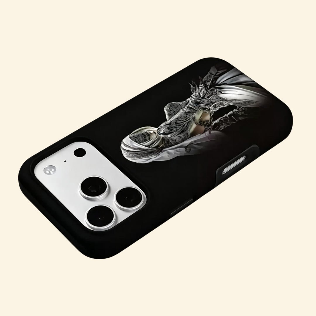The Dark Priestess case – floating side angle showing intricate lace and brocade detail on matte black shell