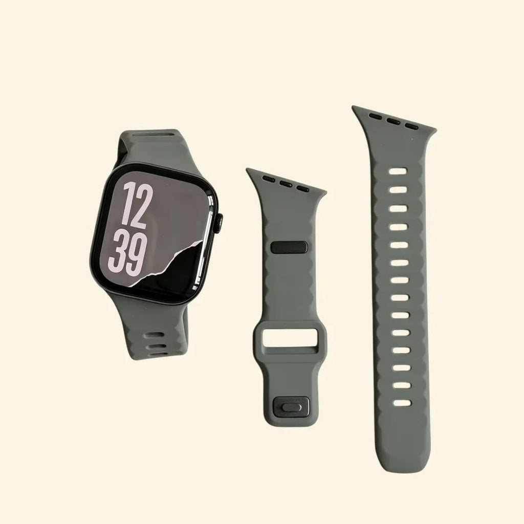 Basalt Slate Ocean Wave Silicone Apple Watch Band — Specimen No. 7512 - Carapace StudioApple Watch BandCarapace StudioCarapace StudioCS-7512-SLT-1Apple Watch Ultra 3 (49mm)Basalt Slate Ocean Wave Apple Watch Band — flat lay with watch and gray band components on cream background