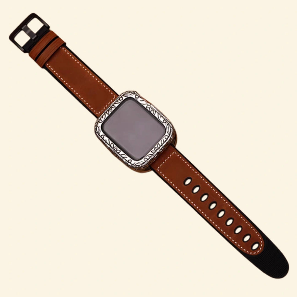 Baroque silver Apple Watch case back view — spring-assisted dual hinge and heart rate sensor dome, brown leather matte black silicone hybrid strap