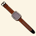 Baroque silver Apple Watch case back view — spring-assisted dual hinge and heart rate sensor dome, brown leather matte black silicone hybrid strap