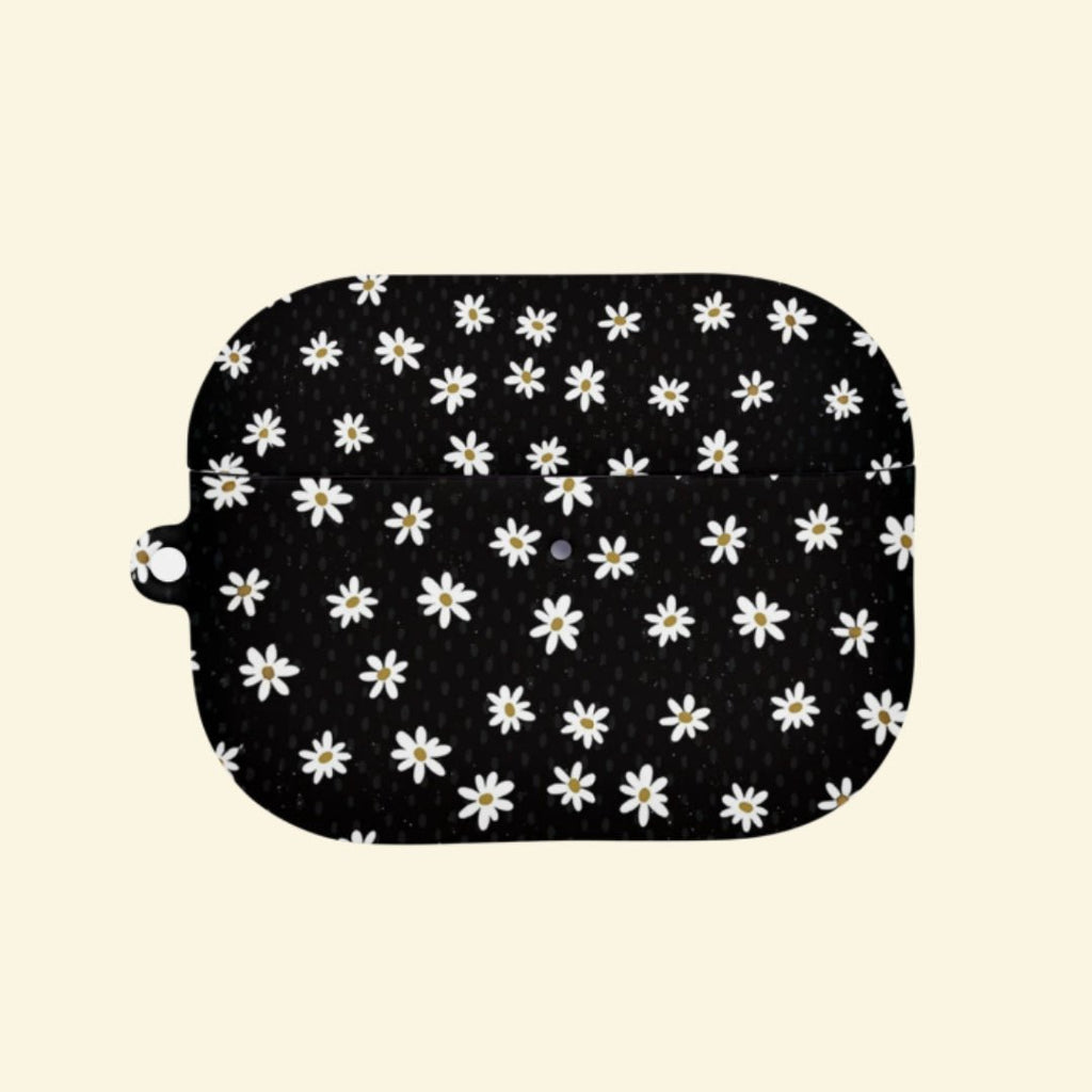 The Obsidian Daisy — Vintage White Floral Pattern Hard Case for AirPods Pro 3 & AirPods 4 - Carapace StudioAirPods CaseCarapace StudioCarapace StudioAirPods Pro 3Obsidian Daisy AirPods case open with earbuds