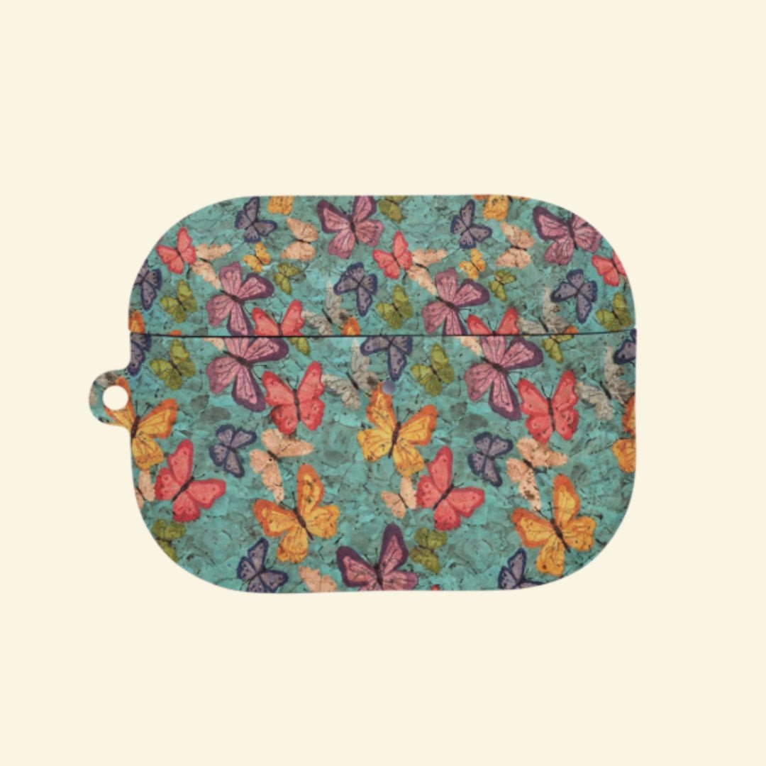 The Turquoise Papillon — Vintage Butterfly Cork Texture Hard Case for AirPods Pro 3 & AirPods 4 - Carapace StudioAirPods CaseCarapace StudioCarapace StudioAirPods Pro 3Turquoise Papillon AirPods case open with earbuds