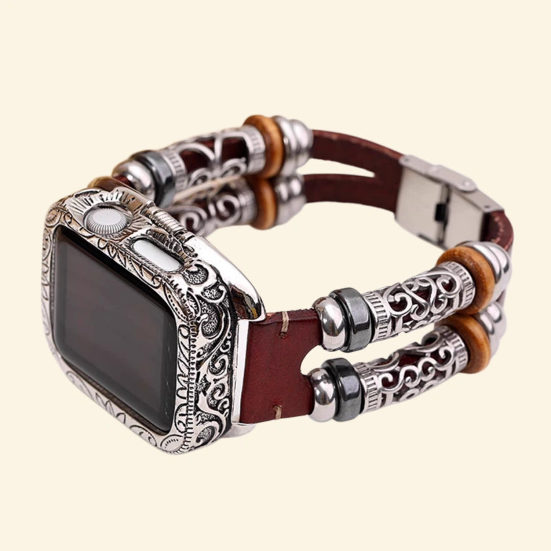 Baroque Archival Suite No. 10829 — gunmetal black filigree scrollwork Apple Watch case standalone front view, full bezel detail on cream background