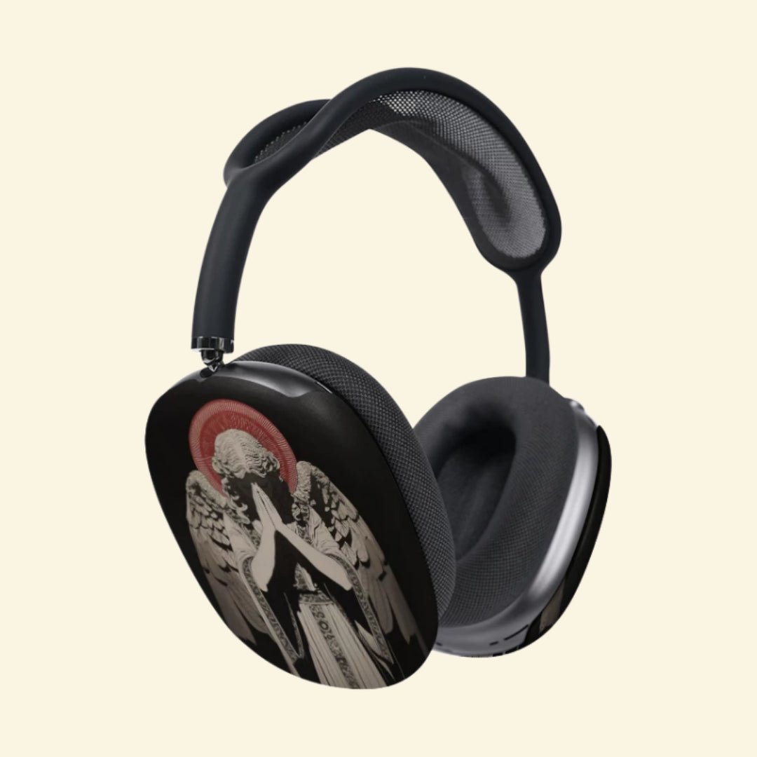 The Praying Seraph — Sorrowful Angel Ear Cup Enclosure for AirPods Max (1st & 2nd Gen) - Carapace StudioAirPods Max AccessoriesCarapace StudioCarapace StudioCS-052-ANGELUS-ORANS-V2The Praying Seraph — front view showing both ear cups with praying marble angel and crimson halo design