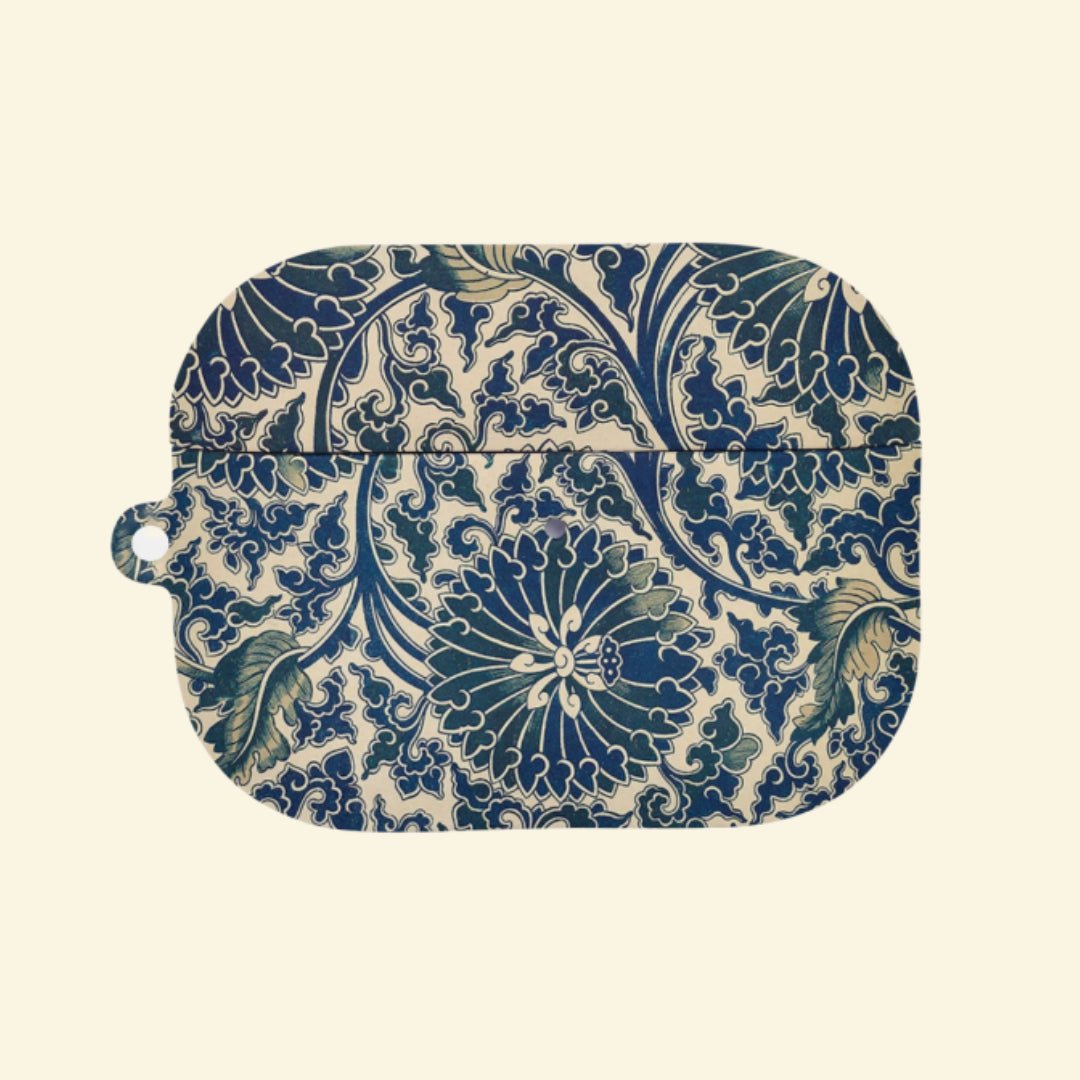 The Indigo Arabesque — Antique Porcelain & Botanical Damask Hard Case for AirPods Pro 3 & AirPods 4 - Carapace StudioAirPods CaseCarapace StudioCarapace StudioAirPods Pro 3Indigo Arabesque AirPods case front view