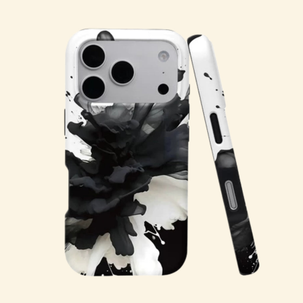 The Ink Flower case – angled floating view showing explosive black ink bloom on white shell