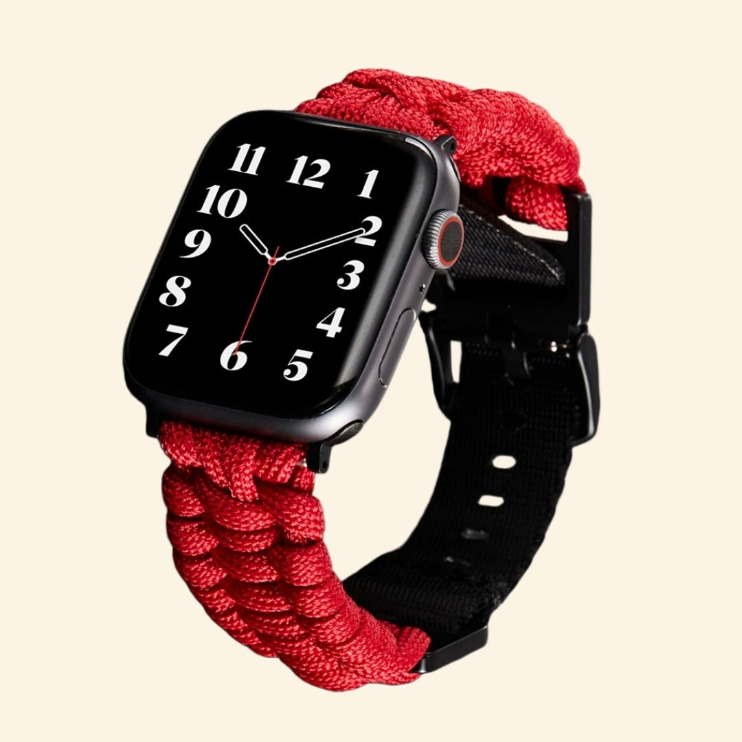 Crimson Red Paracord Braided Band for Apple Watch - Carapace StudioWatch BandCarapace StudioCarapace StudioApple Watch Ultra 3 (49mm)Crimson Red Paracord Braided Band — flat lay with Apple Watch and size variants top view