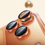 Rose gold aluminum alloy camera lens ring protectors on iPhone — close-up of triple-lens camera module with honeycomb AR coating visible on top lens, cream background