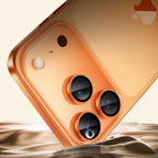 Rose gold aluminum alloy camera lens ring protectors on iPhone — angled three-quarter back view showing triple-lens camera module with lens rings installed, floating on liquid surface, cream background