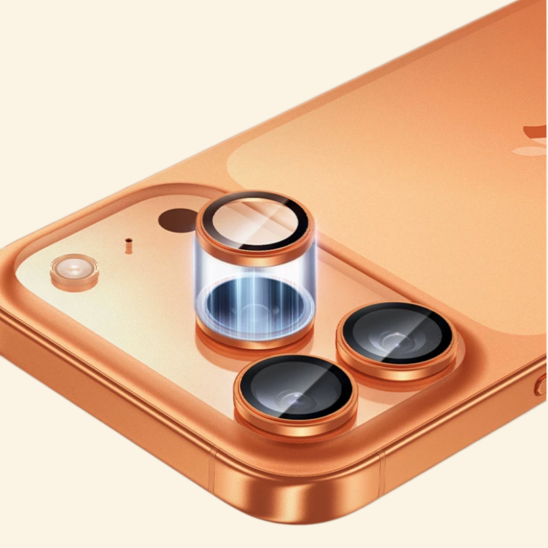 Rose gold aluminum alloy camera lens ring protectors on iPhone — close-up of triple-lens camera module with one lens ring shown in exploded cylindrical cutaway view illustrating electrostatic adhesion layer, cream background