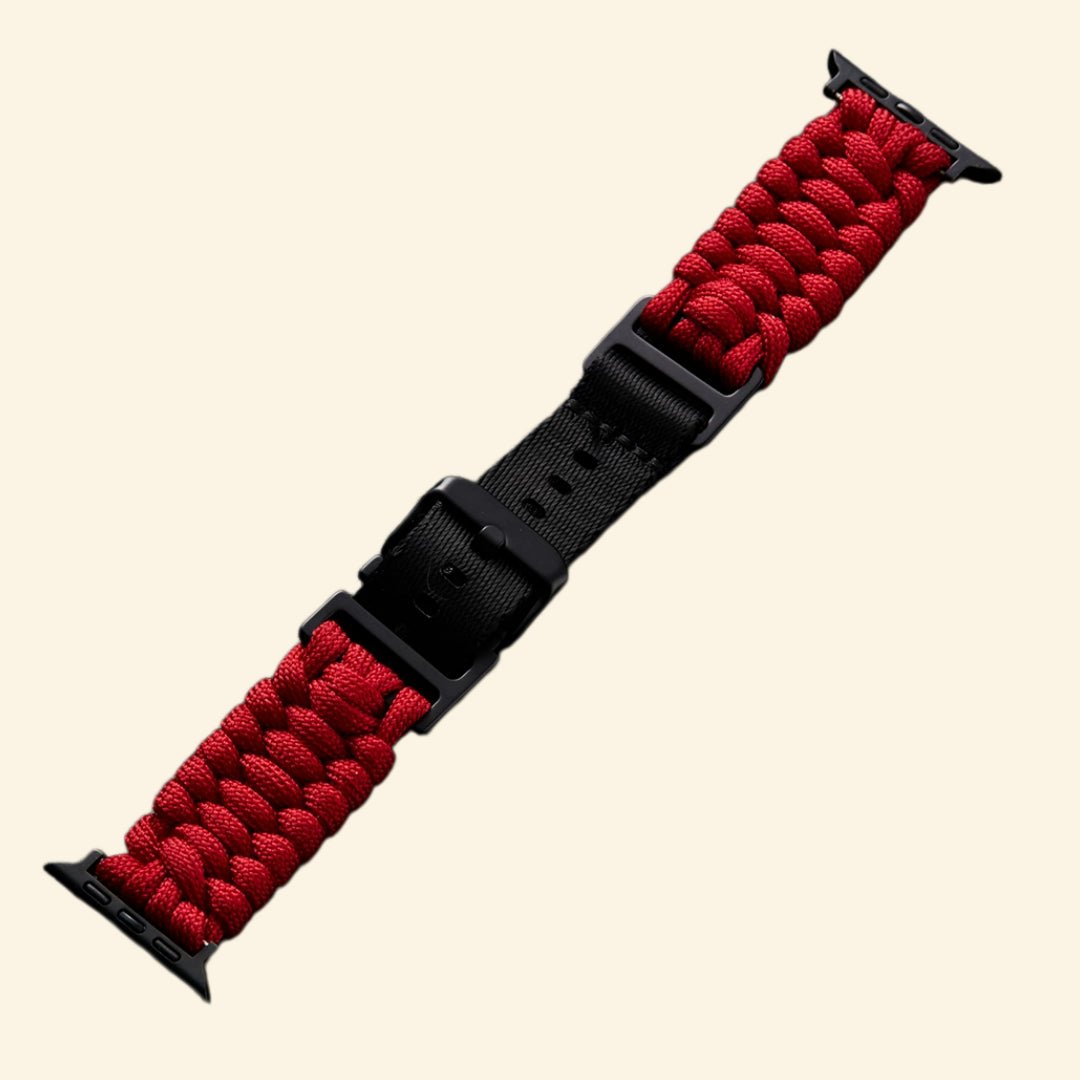 Crimson Red Paracord Braided Band for Apple Watch - Carapace StudioWatch BandCarapace StudioCarapace StudioApple Watch Ultra 3 (49mm)Crimson Red Paracord Braided Band on Apple Watch — angled side wrist view