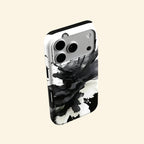 The Ink Flower case – front and side profile flat lay showing full ink bloom and slim dual-layer shell