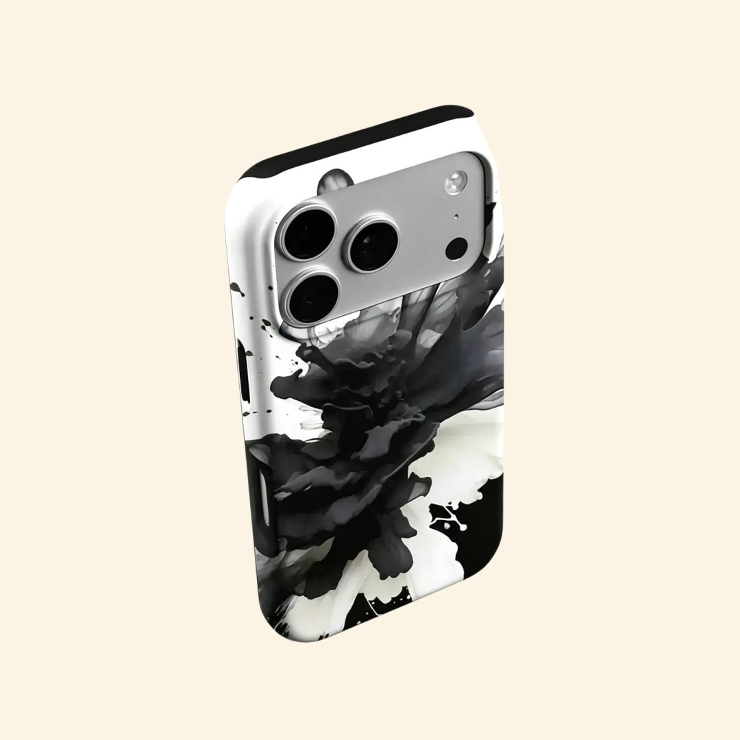 The Ink Flower case – front and side profile flat lay showing full ink bloom and slim dual-layer shell