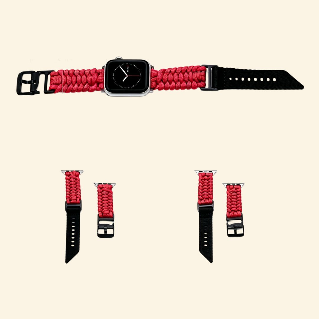Crimson Red Paracord Braided Band for Apple Watch - Carapace StudioWatch BandCarapace StudioCarapace StudioApple Watch Ultra 3 (49mm)Crimson Red Paracord Braided Band on Apple Watch — front face angled view