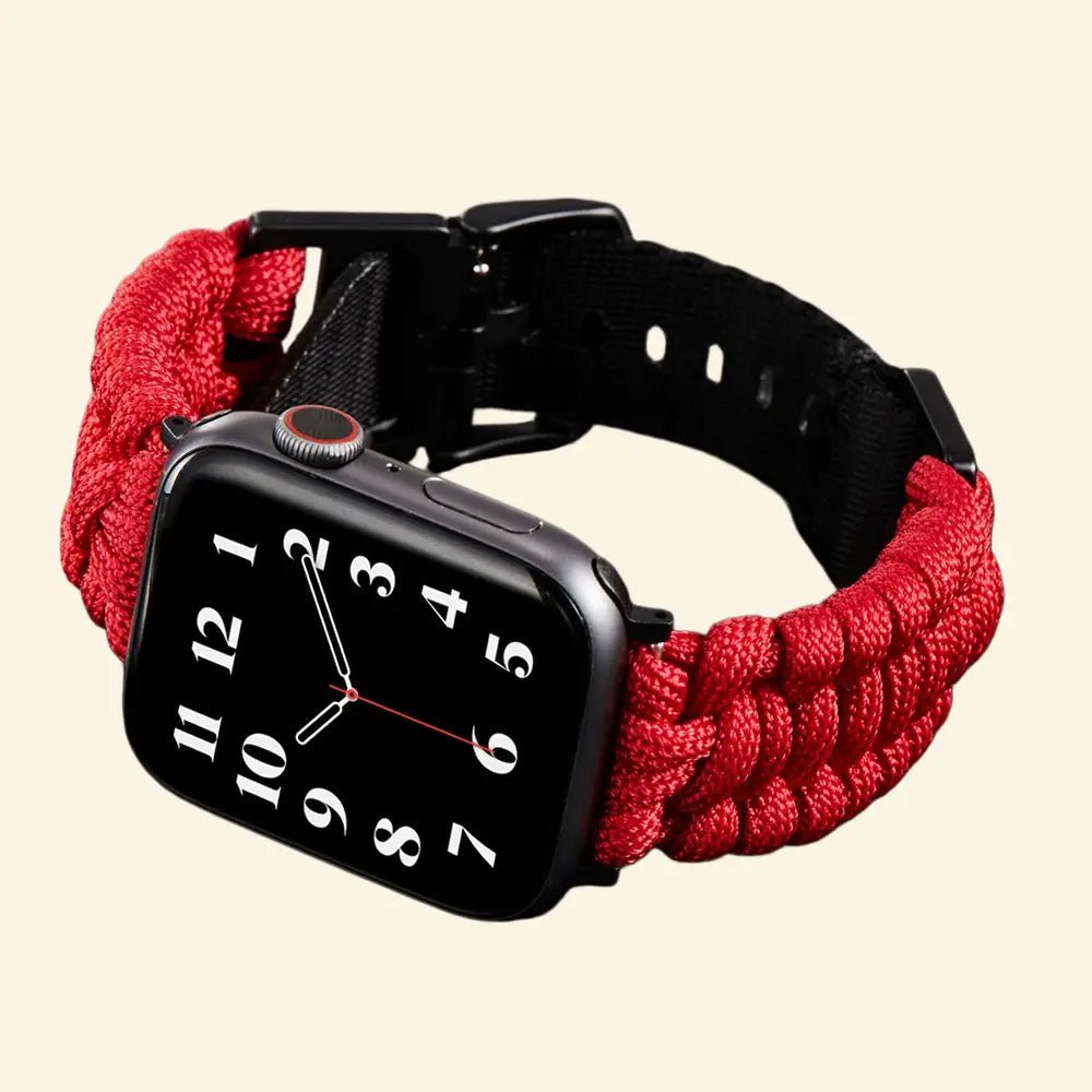 Crimson Red Paracord Braided Band for Apple Watch - Carapace StudioWatch BandCarapace StudioCarapace StudioApple Watch Ultra 3 (49mm)Crimson Red Paracord Braided Band — full band isolated diagonal view