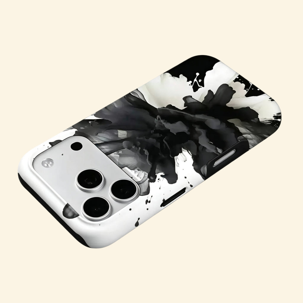The Ink Flower case – floating side angle showing high-contrast monochrome ink bloom and dual-layer construction