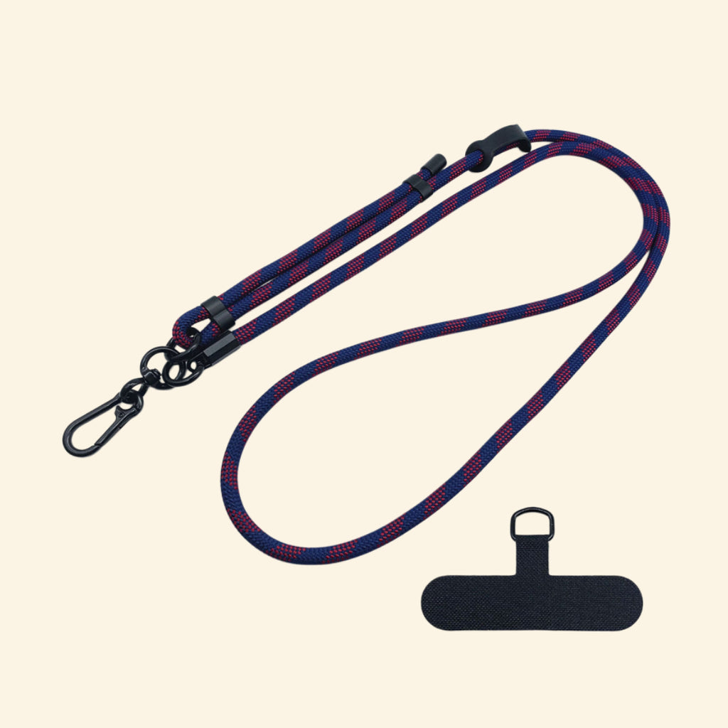 The Core Cord Crimson Navy Stripe – full lanyard coiled flat lay