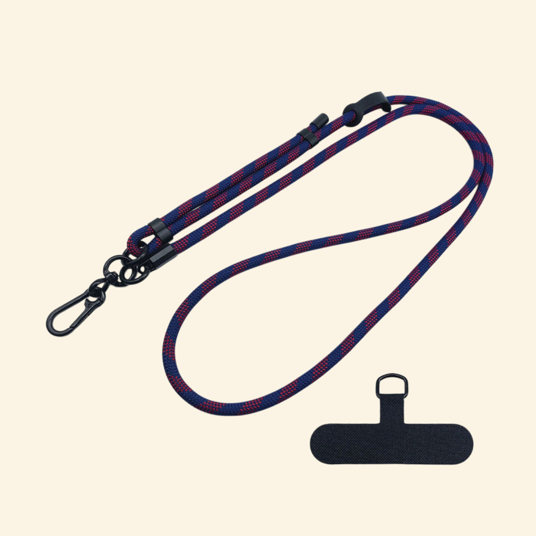The Core Cord Crimson Navy Stripe – full lanyard coiled flat lay