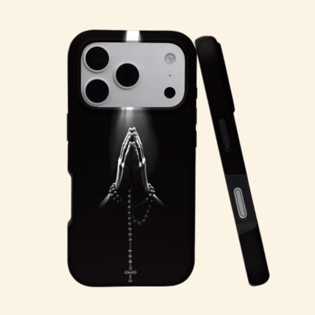 The Sacred Beam – Praying Hands & Rosary Cross Fine Art iPhone Case - Carapace StudioPhone CaseCarapace StudioCarapace StudioCS-3020-SACRED-BEAM-1iPhone 17 Pro MaxThe Sacred Beam case – angled floating view showing praying hands with divine light beam and rosary on matte black