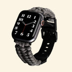Obsidian Black Paracord Braided Band with Apple Watch — flat lay with size variants top view
