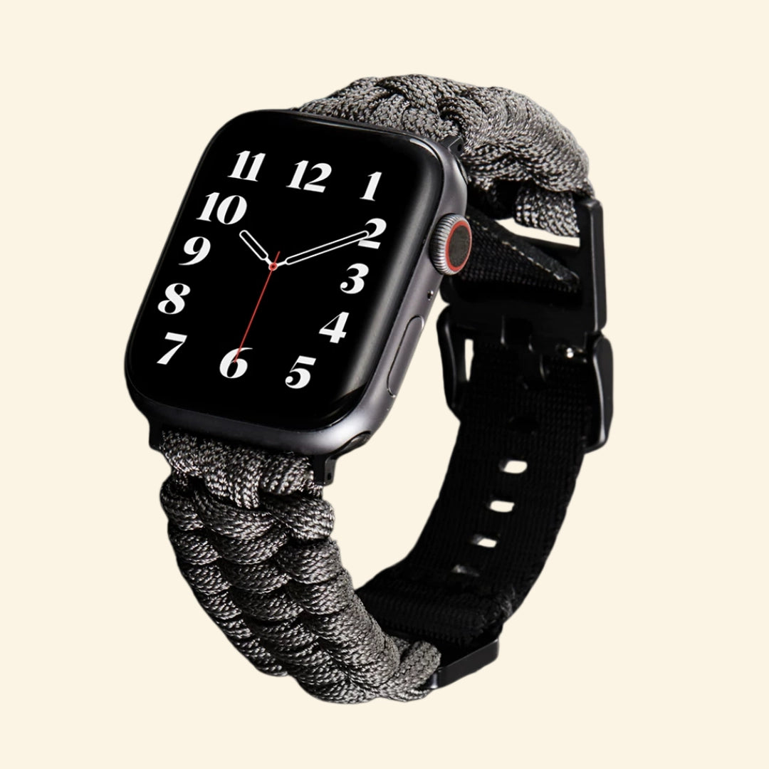 Obsidian Black Paracord Braided Band with Apple Watch — flat lay with size variants top view