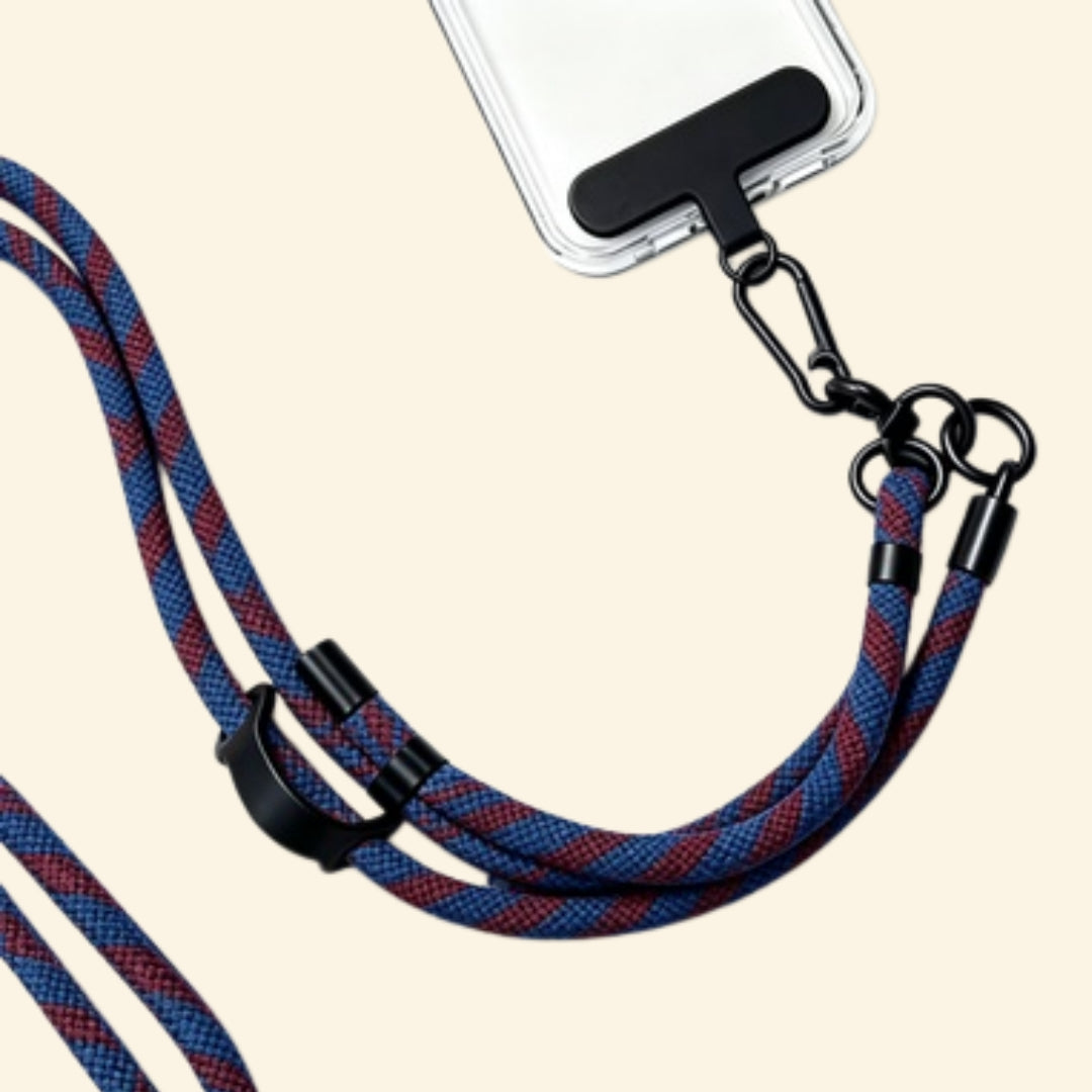 The Core Cord Crimson Navy Stripe – lanyard with tether pad flat lay