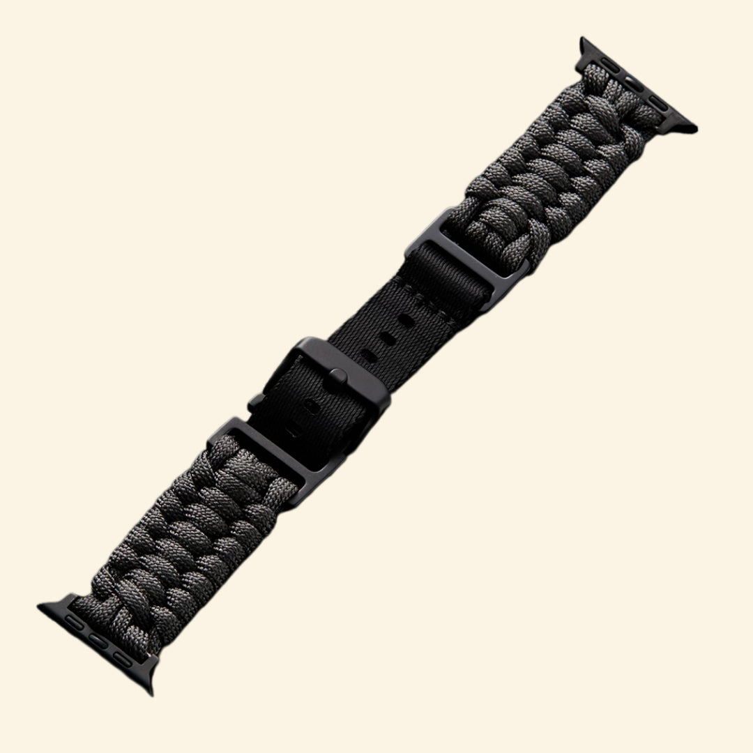 Obsidian Black Paracord Braided Band on Apple Watch — angled side wrist view