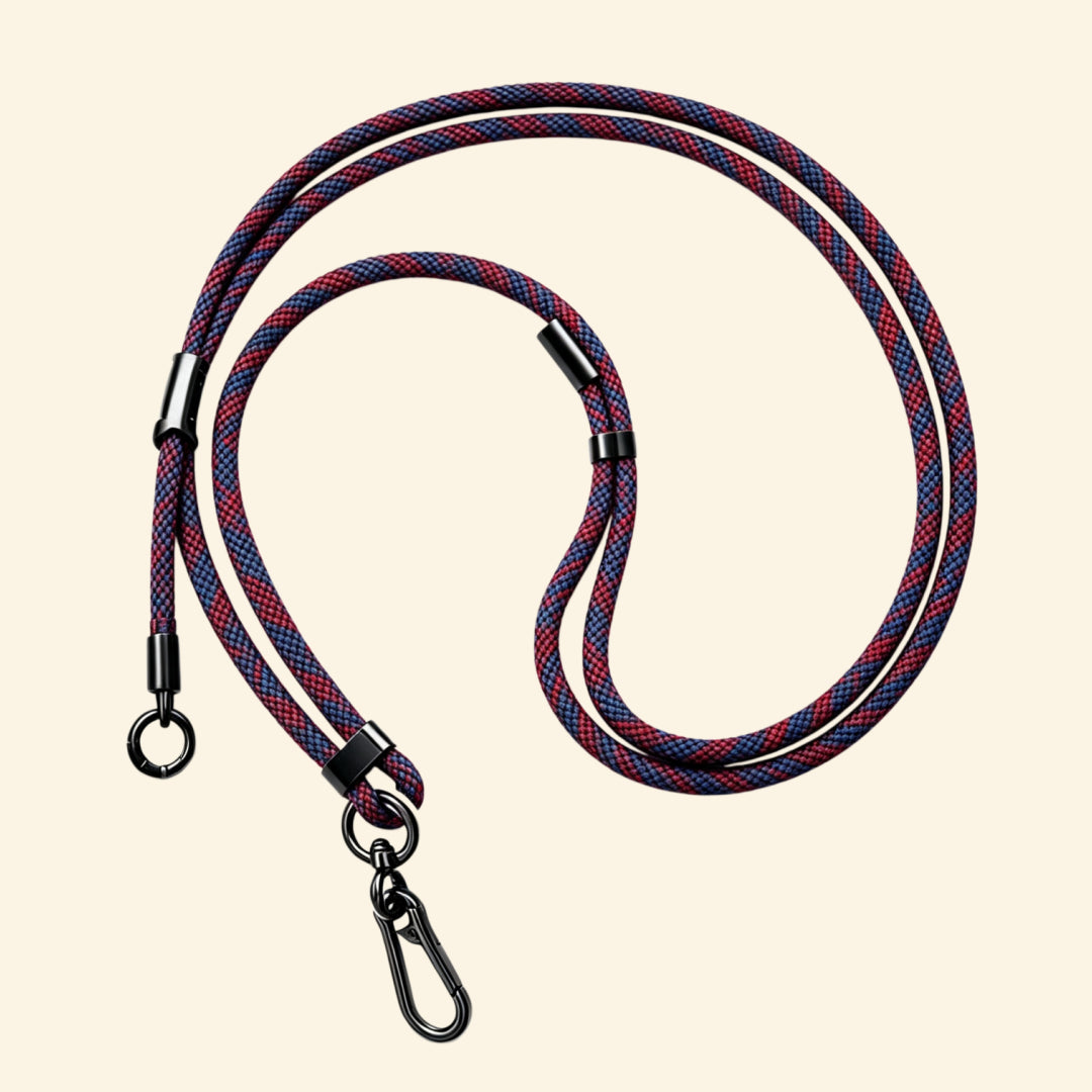 The Core Cord Crimson Navy Stripe – lanyard attached to phone case detail view