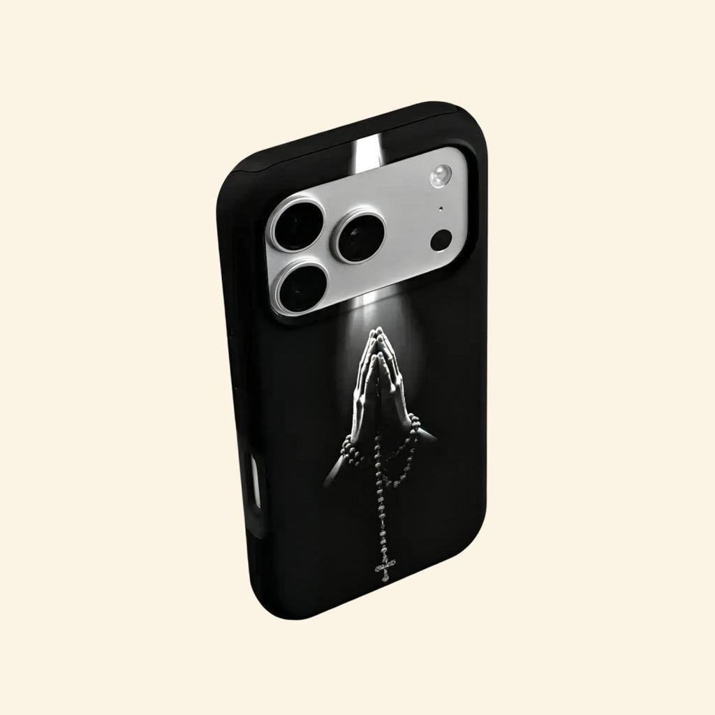 The Sacred Beam – Praying Hands & Rosary Cross Fine Art iPhone Case - Carapace StudioPhone CaseCarapace StudioCarapace StudioCS-3020-SACRED-BEAM-5iPhone 16 Pro MaxThe Sacred Beam case – front and side profile flat lay showing full chiaroscuro praying hands artwork and slim shell