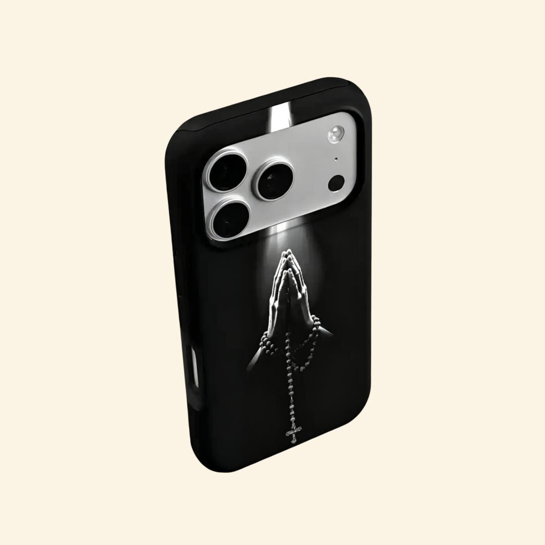 The Sacred Beam – Praying Hands & Rosary Cross Fine Art iPhone Case - Carapace StudioPhone CaseCarapace StudioCarapace StudioCS-3020-SACRED-BEAM-5iPhone 16 Pro MaxThe Sacred Beam case – front and side profile flat lay showing full chiaroscuro praying hands artwork and slim shell