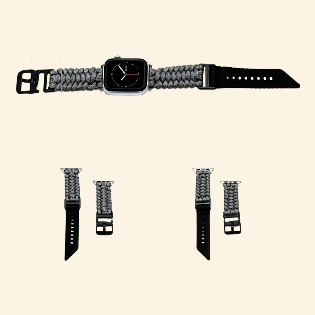 Obsidian Black Paracord Braided Band on Apple Watch — front face angled view