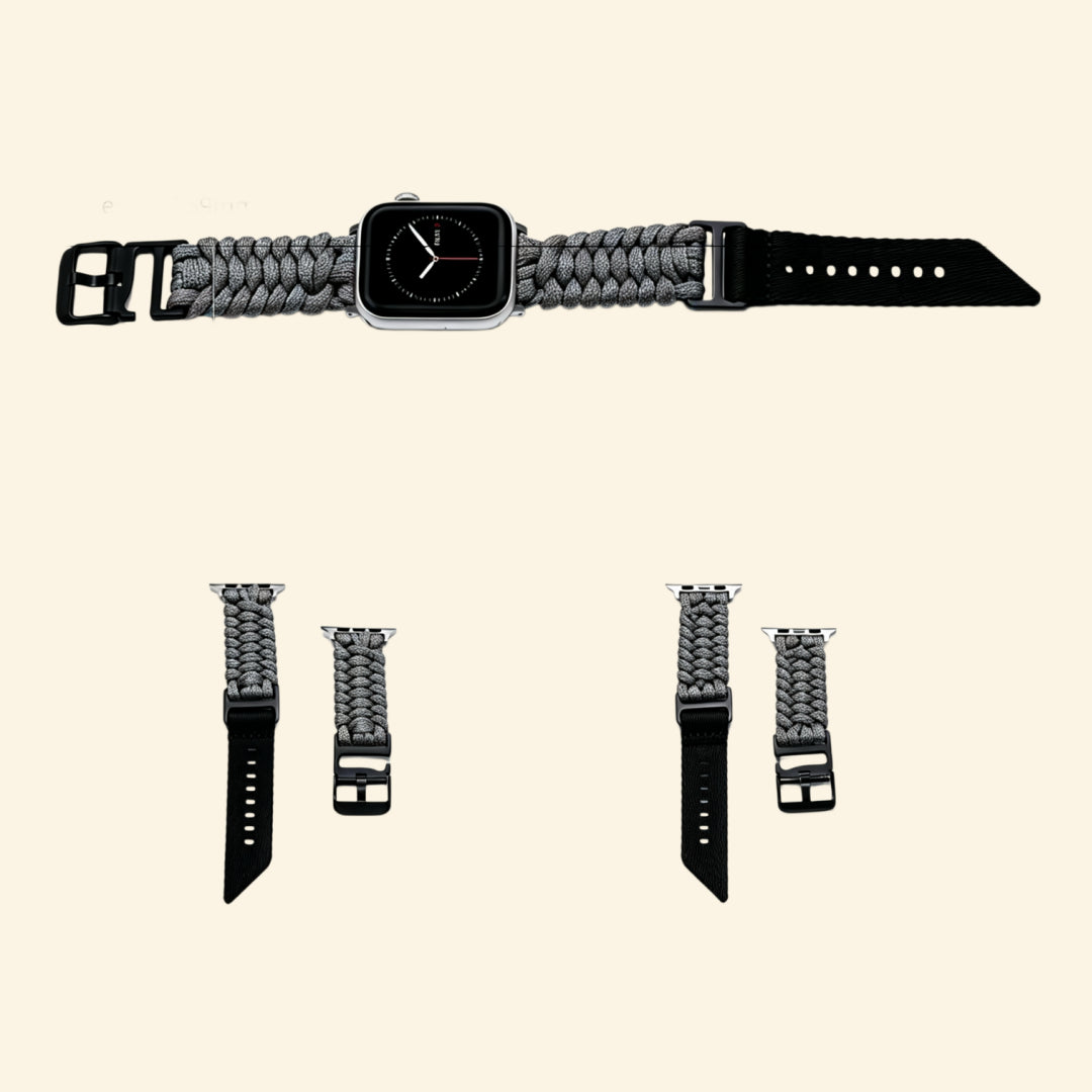 Obsidian Black Paracord Braided Band on Apple Watch — front face angled view
