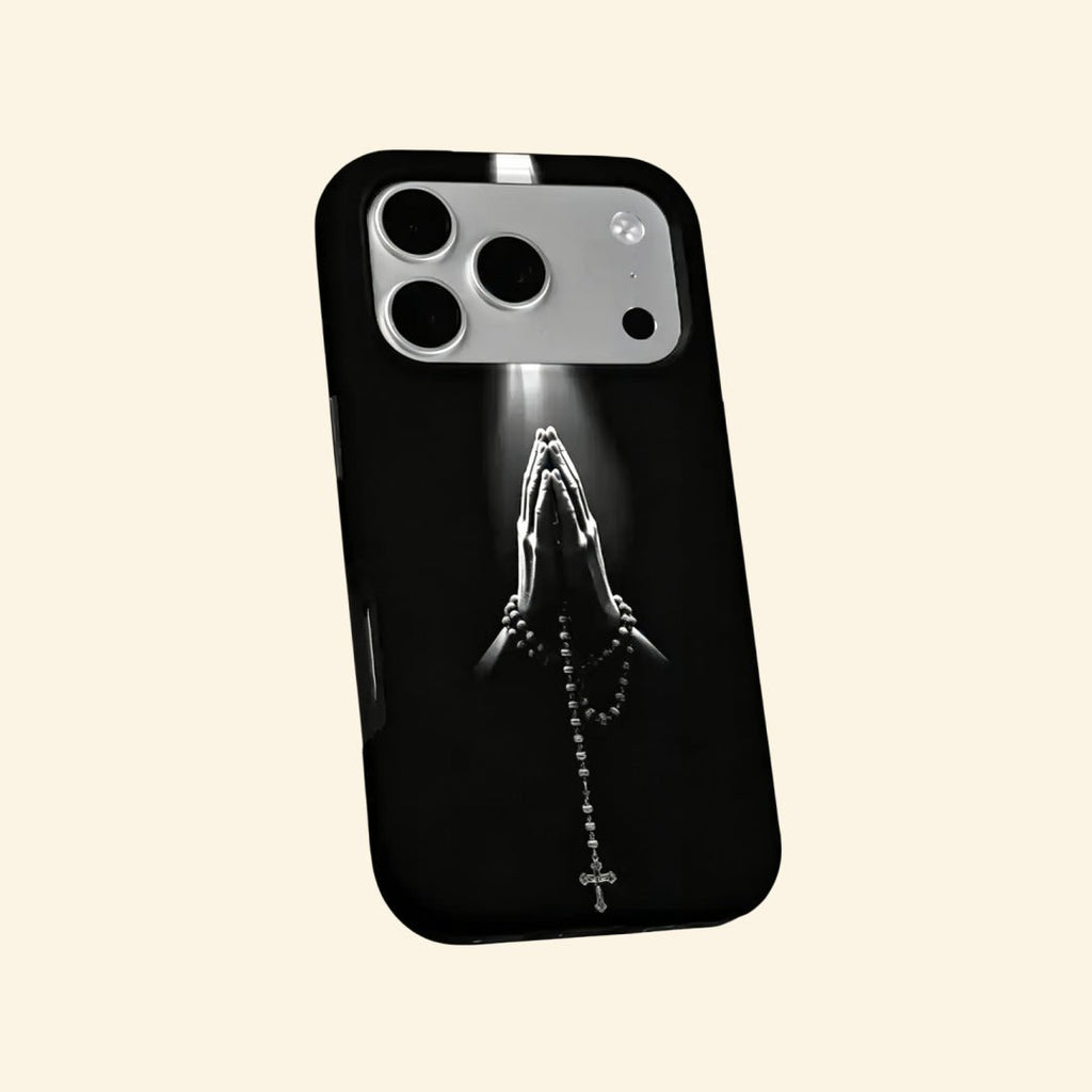 The Sacred Beam – Praying Hands & Rosary Cross Fine Art iPhone Case - Carapace StudioPhone CaseCarapace StudioCarapace StudioCS-3020-SACRED-BEAM-5iPhone 16 Pro MaxThe Sacred Beam case – hand-held lifestyle shot showing full praying hands, divine beam, and rosary crucifix