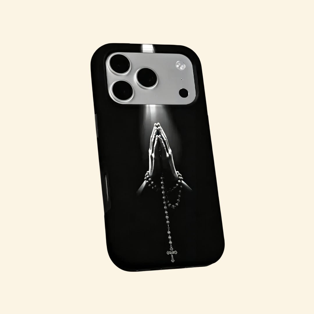 The Sacred Beam – Praying Hands & Rosary Cross Fine Art iPhone Case - Carapace StudioPhone CaseCarapace StudioCarapace StudioCS-3020-SACRED-BEAM-5iPhone 16 Pro MaxThe Sacred Beam case – hand-held lifestyle shot showing full praying hands, divine beam, and rosary crucifix