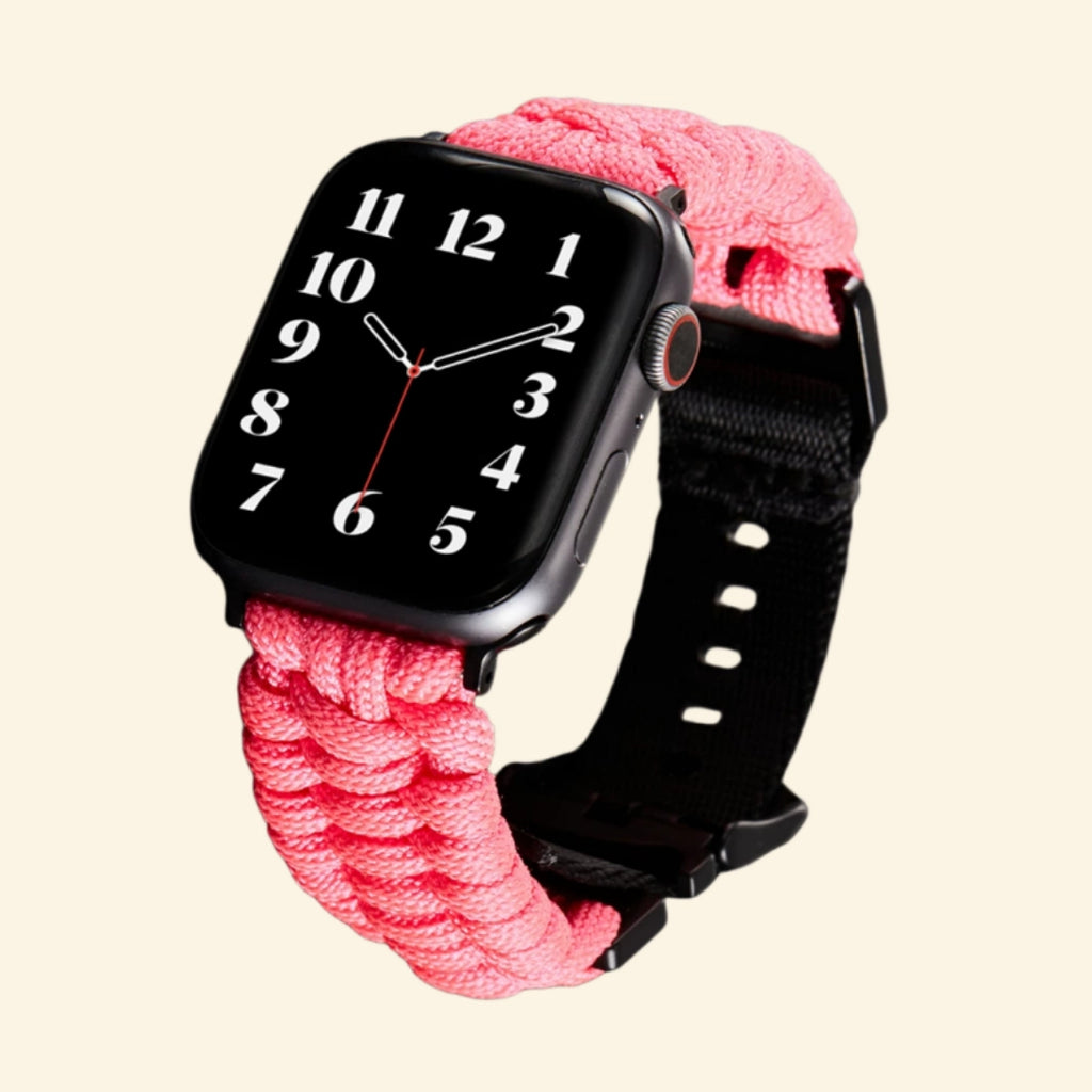Rose Paracord Braided Apple Watch Band — angled side view on watch showing blossom pink braid, Specimen No. 9909