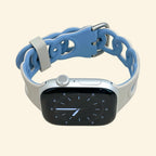 Sand Grey & Slate Blue Cutout Chain Link Band — front face view on Apple Watch