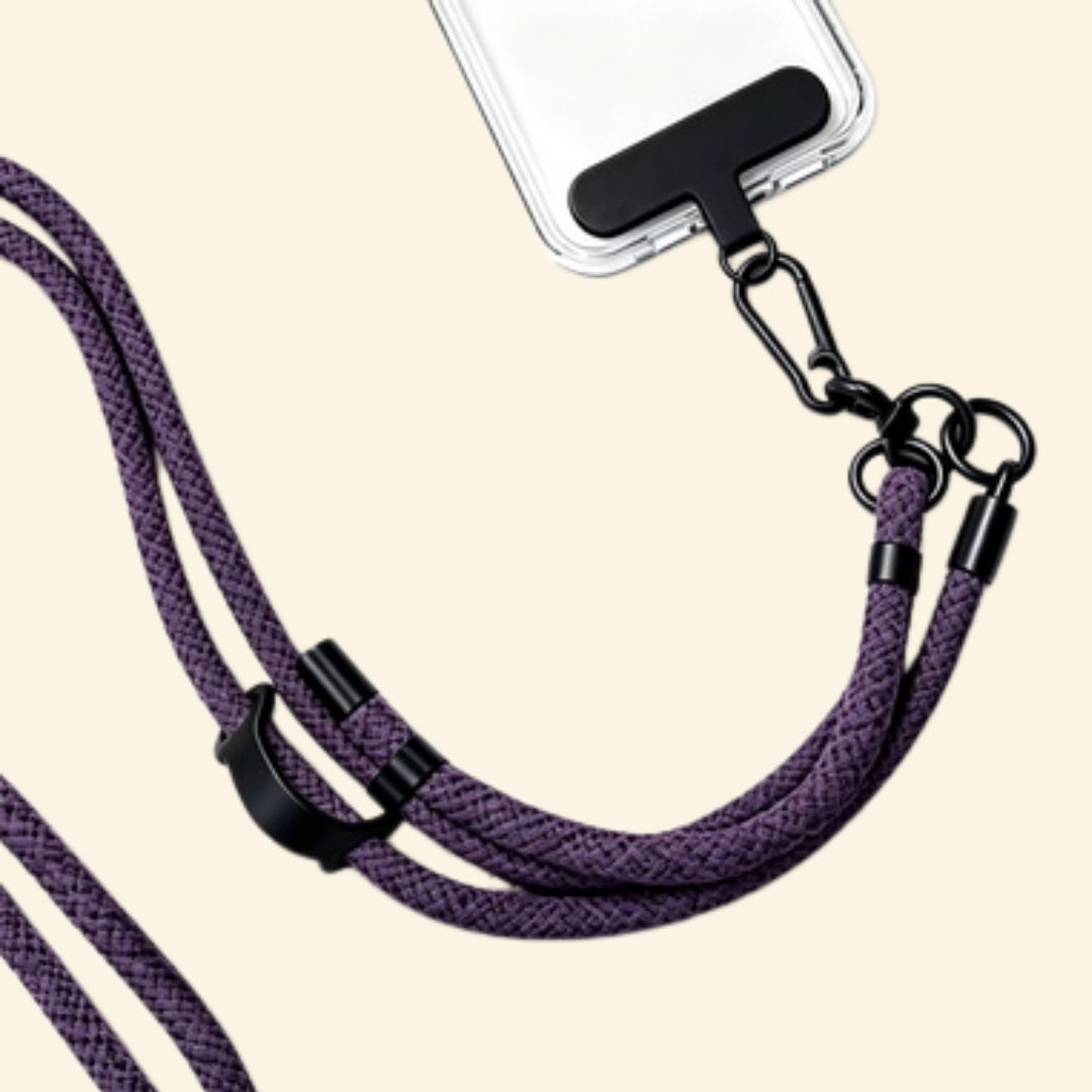 The Core Cord Deep Amethyst – lanyard attached to phone case detail view