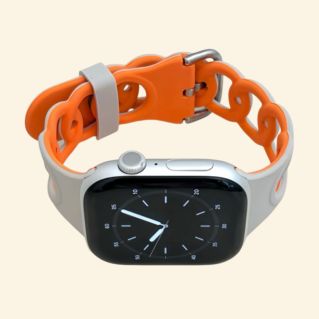 Slate Grey & Amber Orange Dual-Tone Cutout Chain Link Silicone Band - Front View
