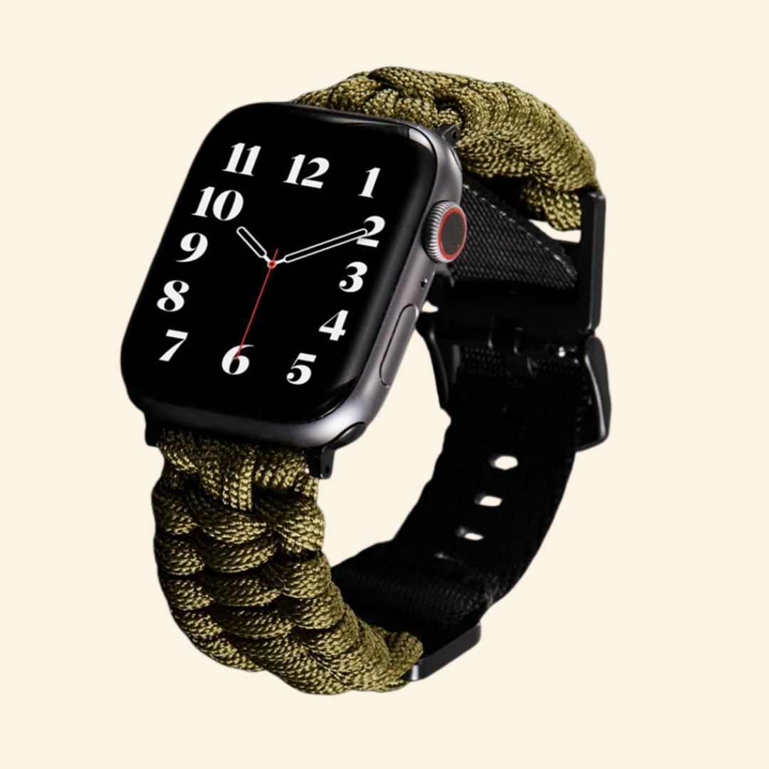 Ranger Green Paracord Braided Band with Apple Watch — flat lay showing size variants top view