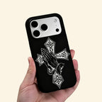 The Devotional Emblem case – front and side profile flat lay showing full gothic cross filigree and praying hands