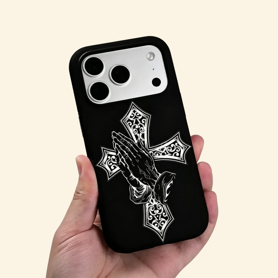 The Devotional Emblem case – front and side profile flat lay showing full gothic cross filigree and praying hands