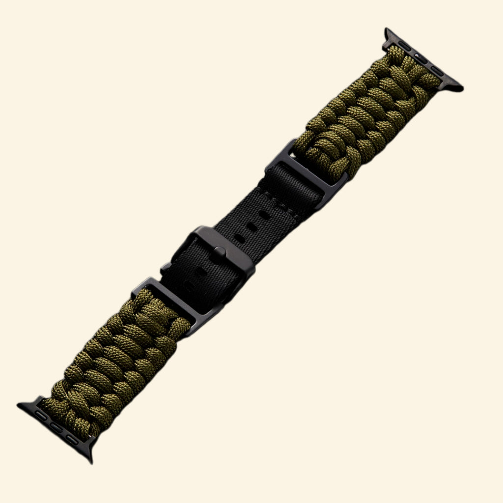 Ranger Green Paracord Braided Band on Apple Watch — angled side wrist view