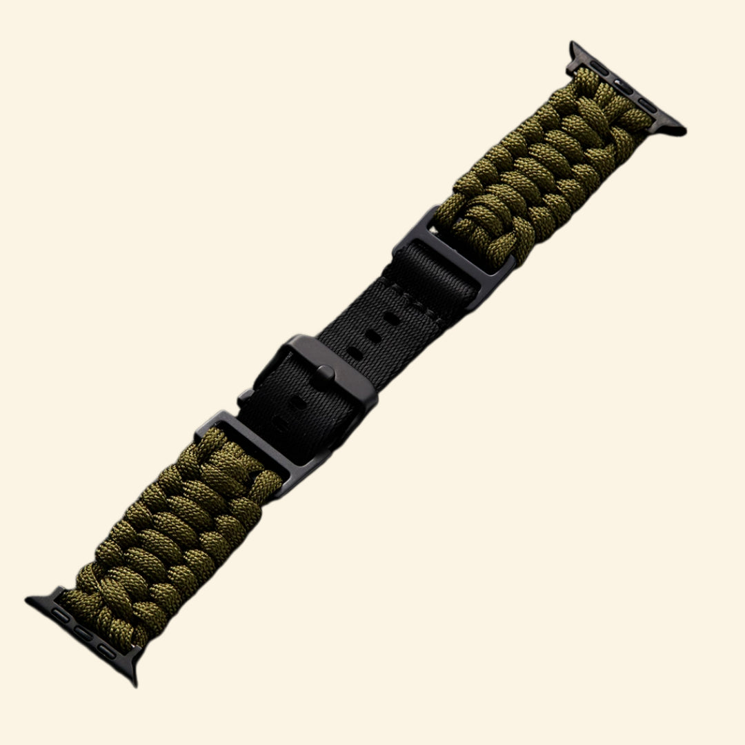 Ranger Green Paracord Braided Band on Apple Watch — angled side wrist view