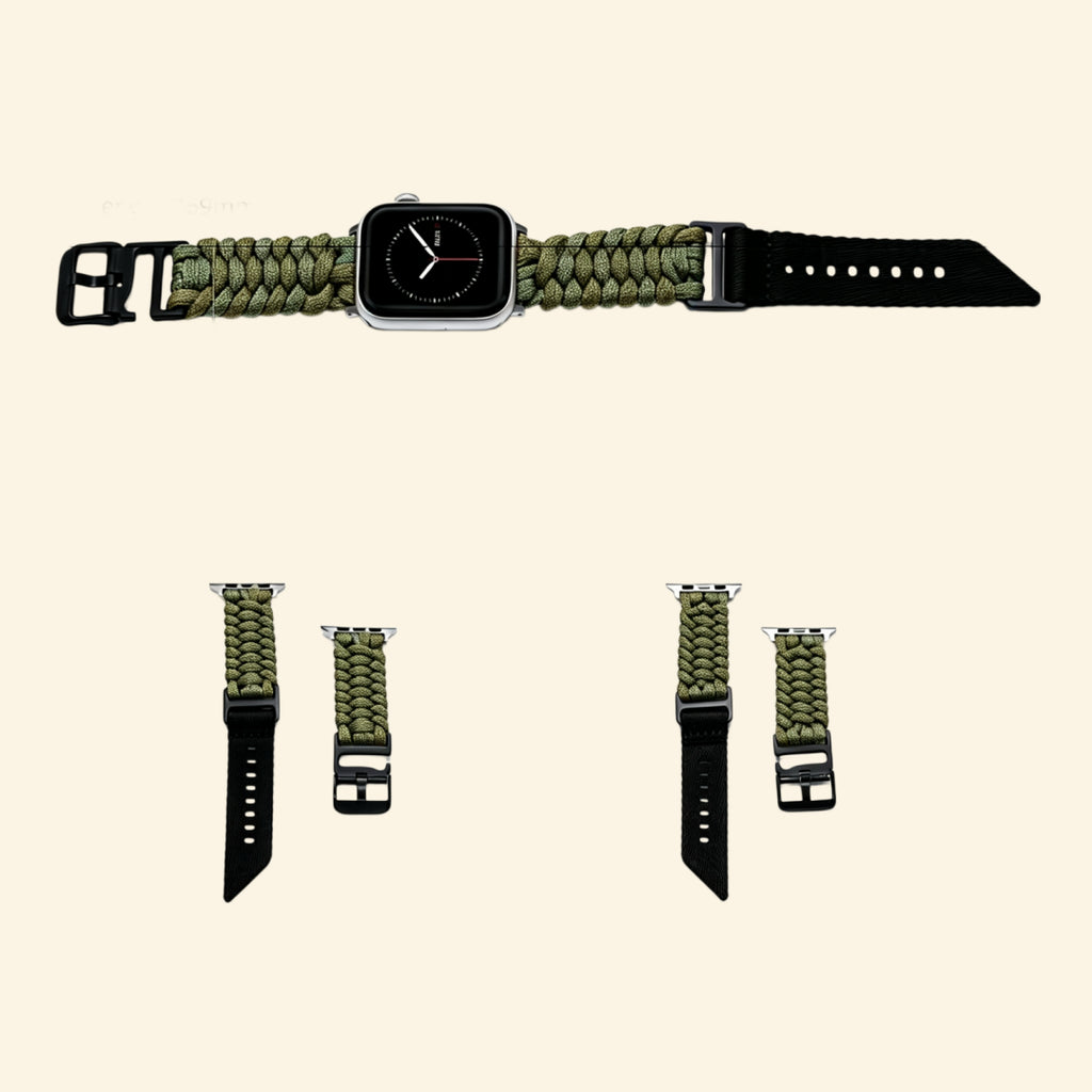 Ranger Green Paracord Braided Band on Apple Watch — front face angled view