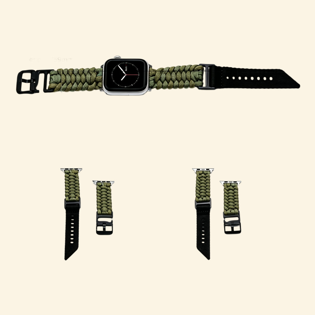 Ranger Green Paracord Braided Band on Apple Watch — front face angled view