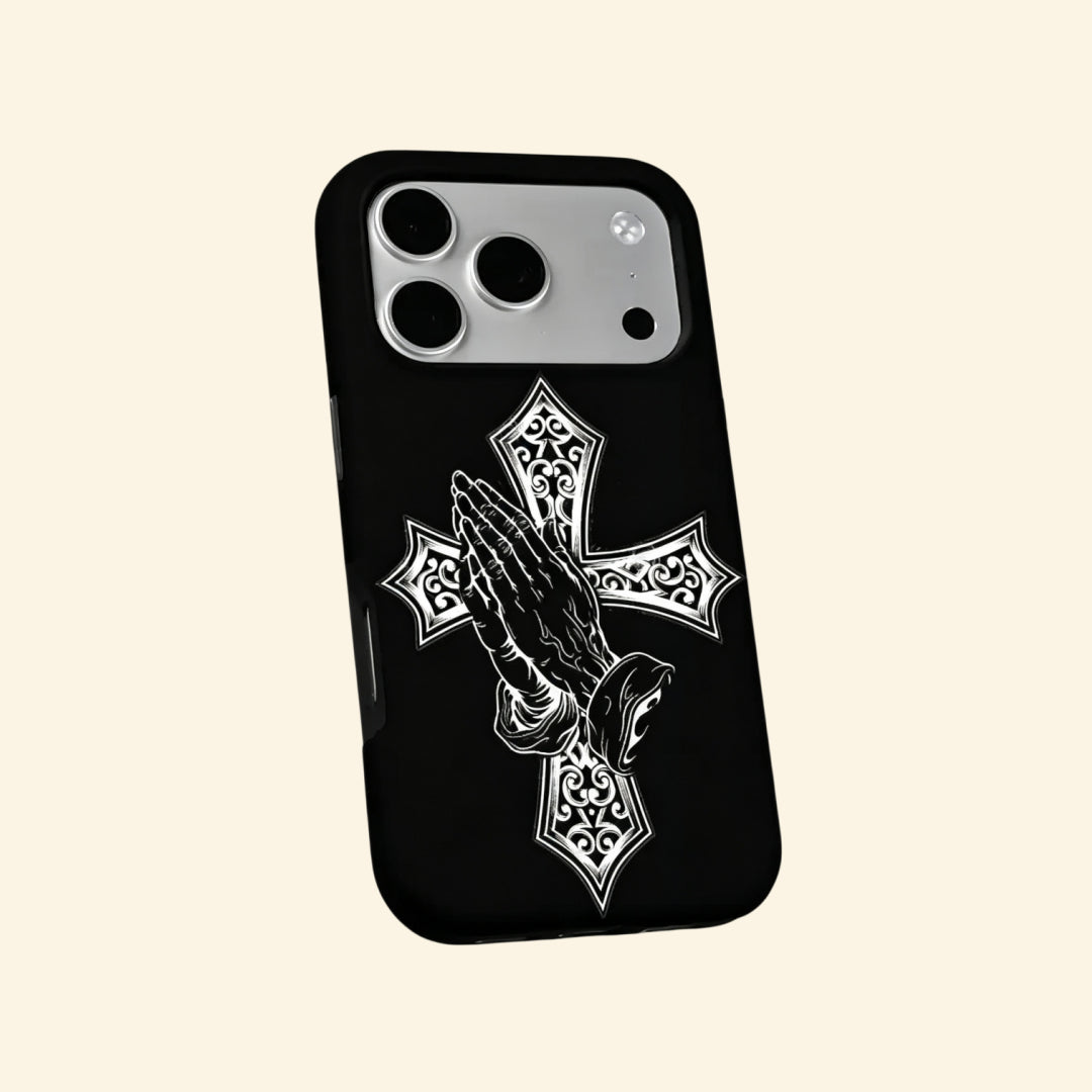 The Devotional Emblem case – floating side angle showing ornate cross detail and dual-layer matte black shell