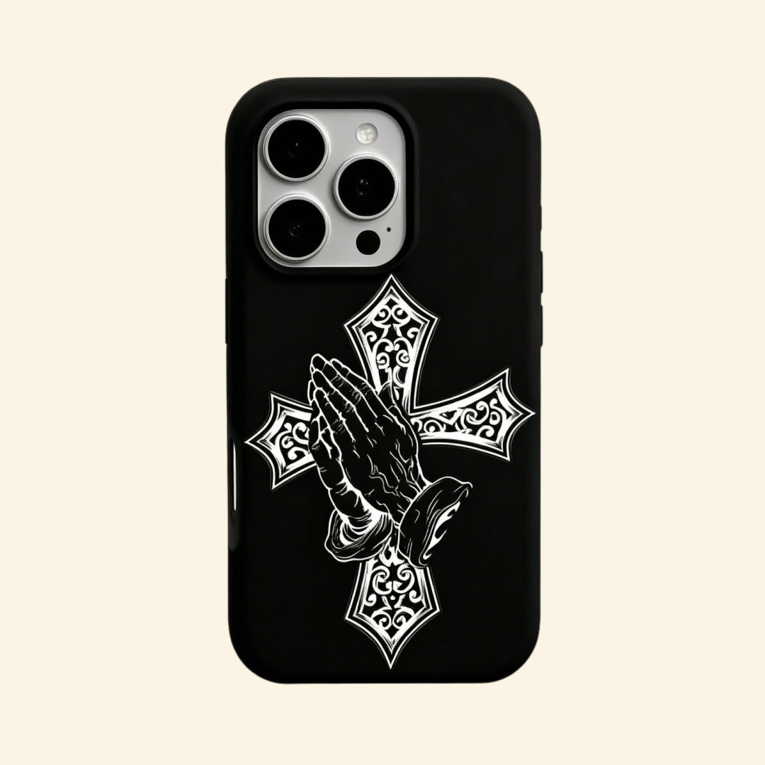 The Devotional Emblem – Gothic Ornate Cross & Praying Hands iPhone Case