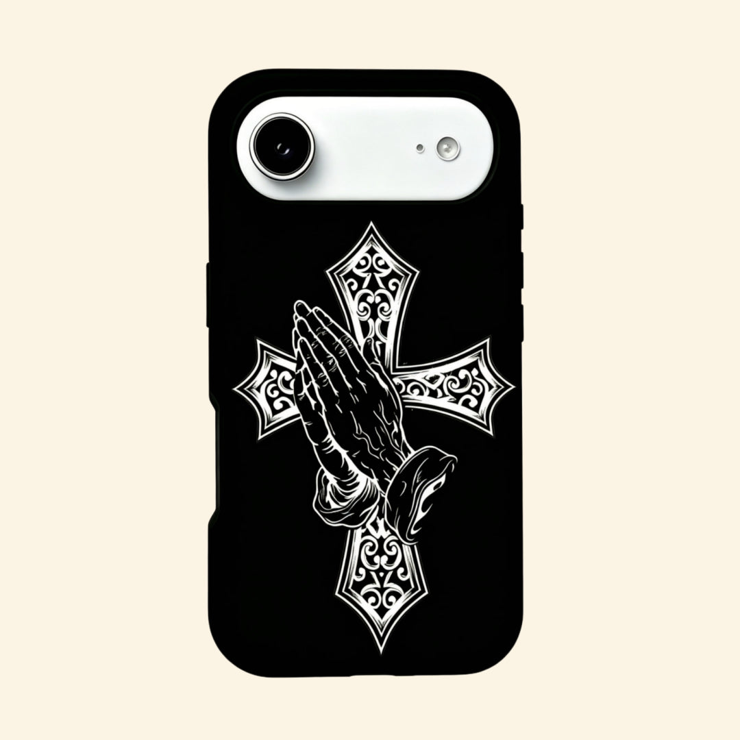 The Devotional Emblem – Gothic Ornate Cross & Praying Hands iPhone Case