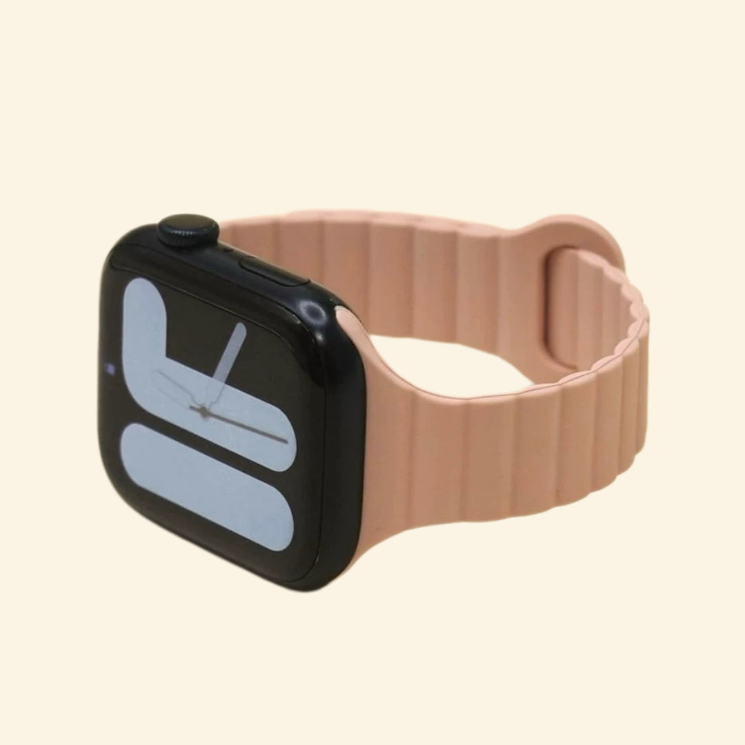 Dusty Nude Pink Magnetic Silicone Band — front face view on Apple Watch